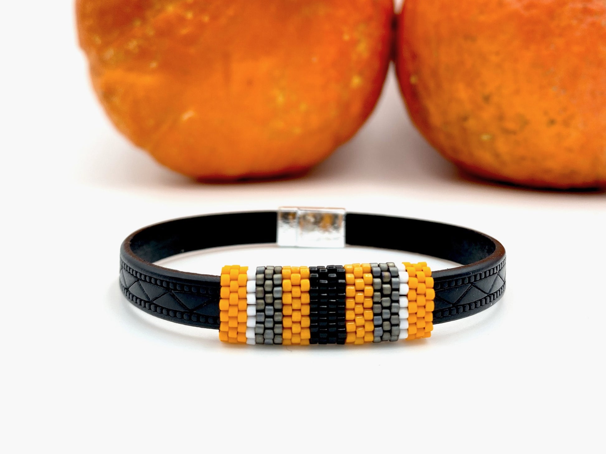 Leather men's or unisex bracelet with beaded inlay for Halloween - Ornamentico shop
