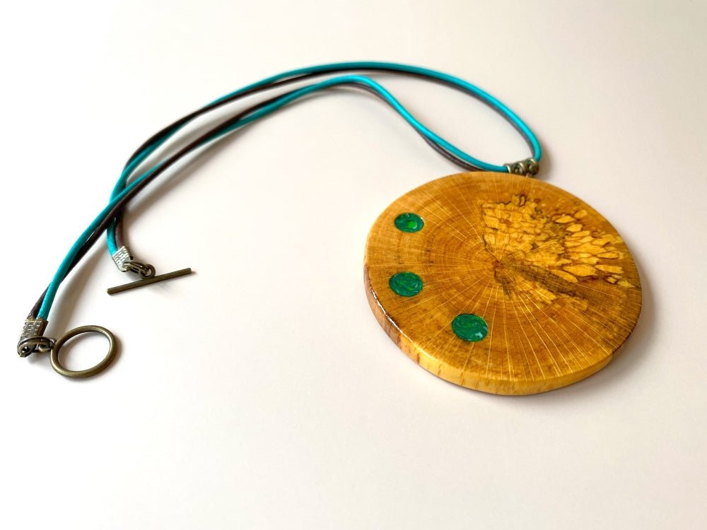 Large handmade wooden pendant with three asymmetric inlays made from polymer clay and imitating malachite - Ornamentico shop