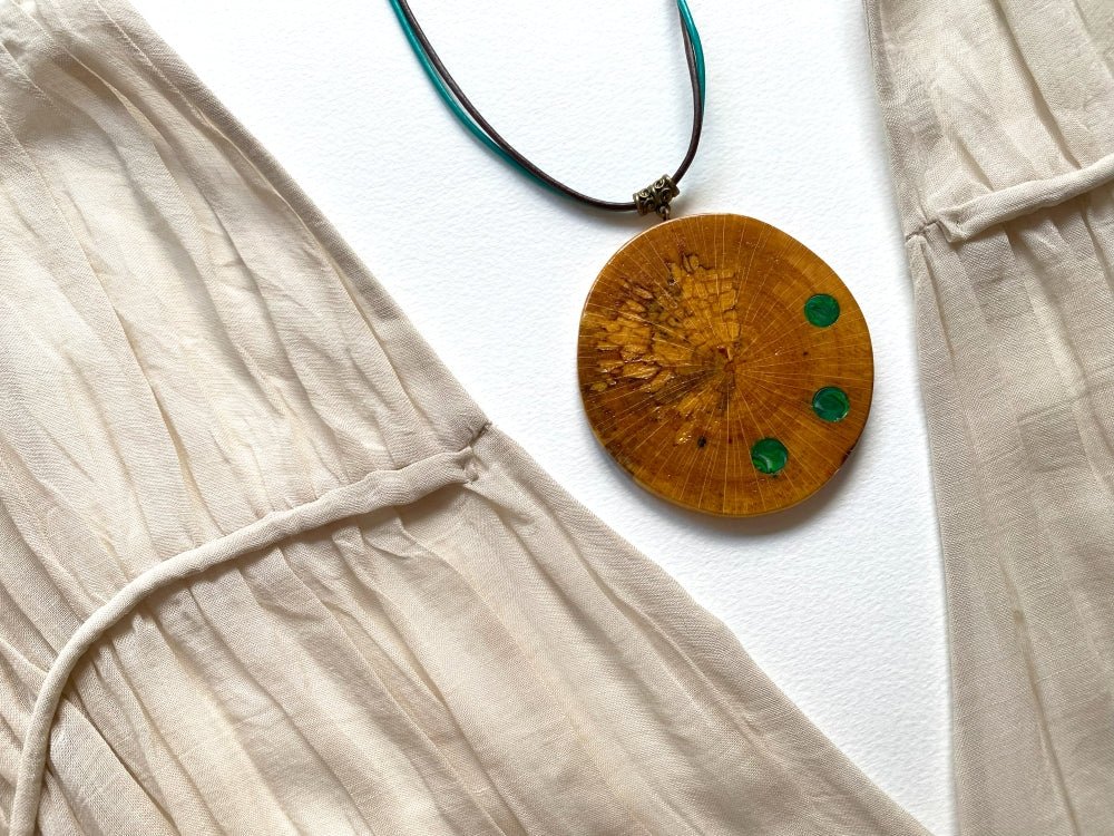 Large handmade wooden pendant with three asymmetric inlays made from polymer clay and imitating malachite - Ornamentico shop