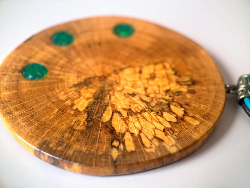 Large handmade wooden pendant with three asymmetric inlays made from polymer clay and imitating malachite - Ornamentico shop