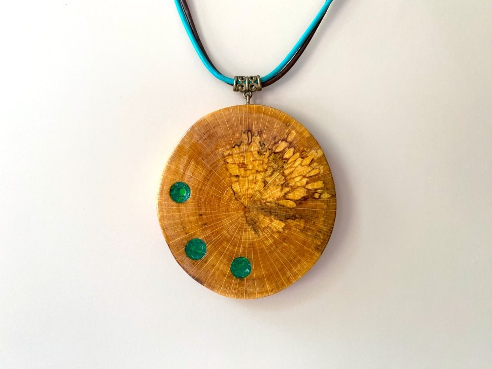Large handmade wooden pendant with three asymmetric inlays made from polymer clay and imitating malachite - Ornamentico shop