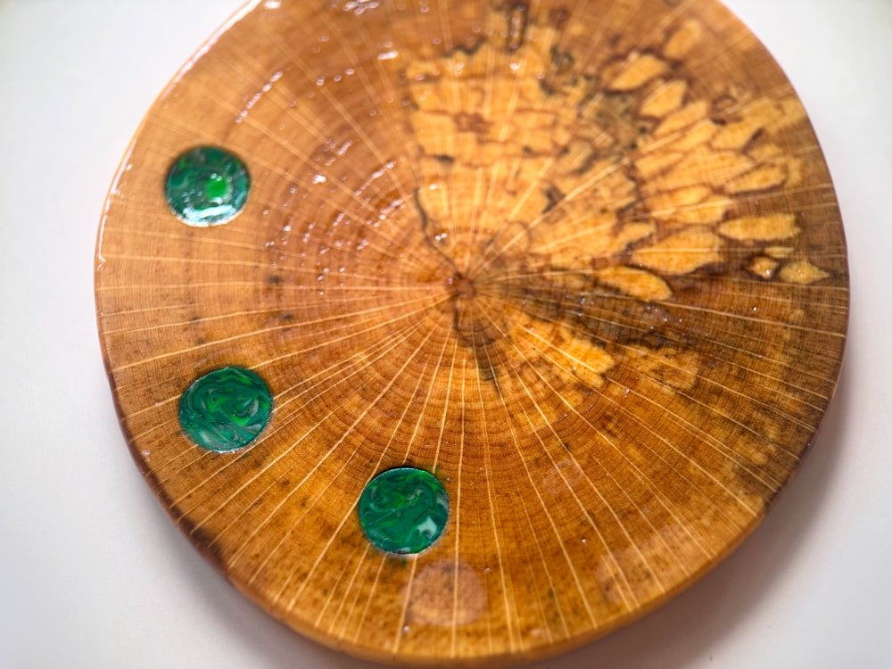 Large handmade wooden pendant with three asymmetric inlays made from polymer clay and imitating malachite - Ornamentico shop