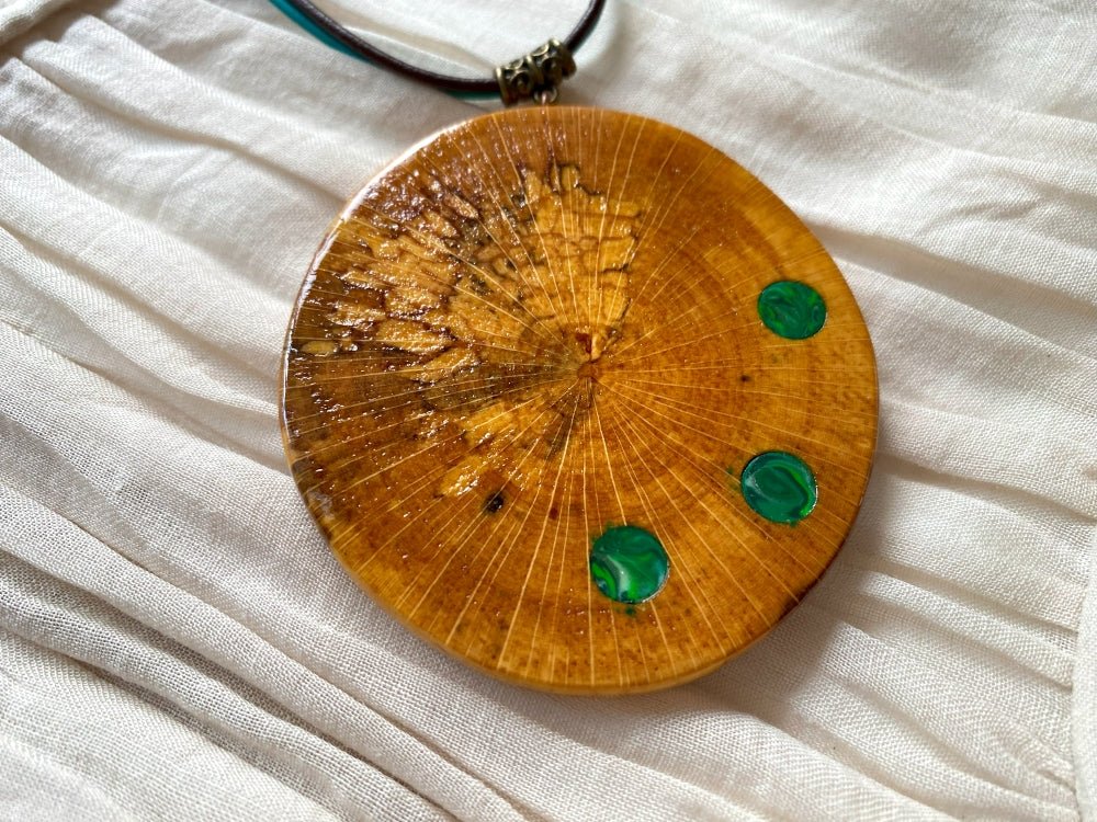 Large handmade wooden pendant with three asymmetric inlays made from polymer clay and imitating malachite - Ornamentico shop