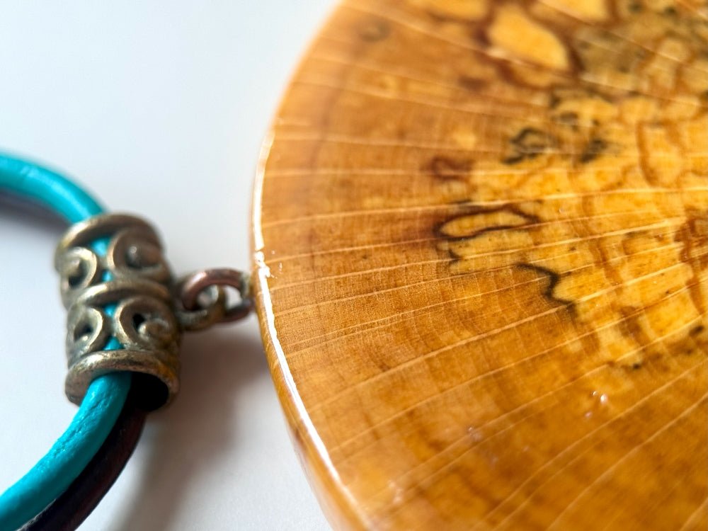 Large handmade wooden pendant with three asymmetric inlays made from polymer clay and imitating malachite - Ornamentico shop