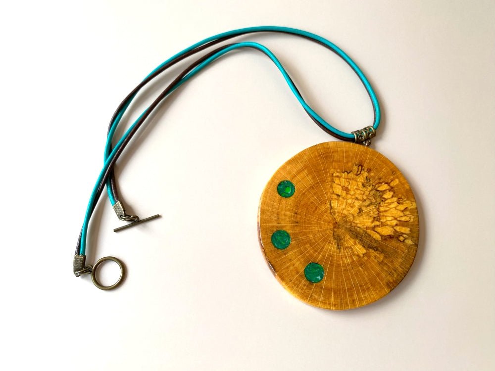 Large handmade wooden pendant with three asymmetric inlays made from polymer clay and imitating malachite - Ornamentico shop