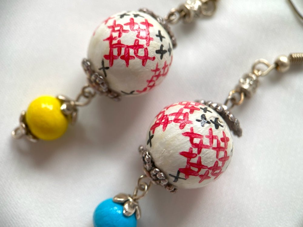 Delicate earrings from hand painted wooden beads "Embroidery" crafted in colors of Ukrainian flag- Ornamentico shop