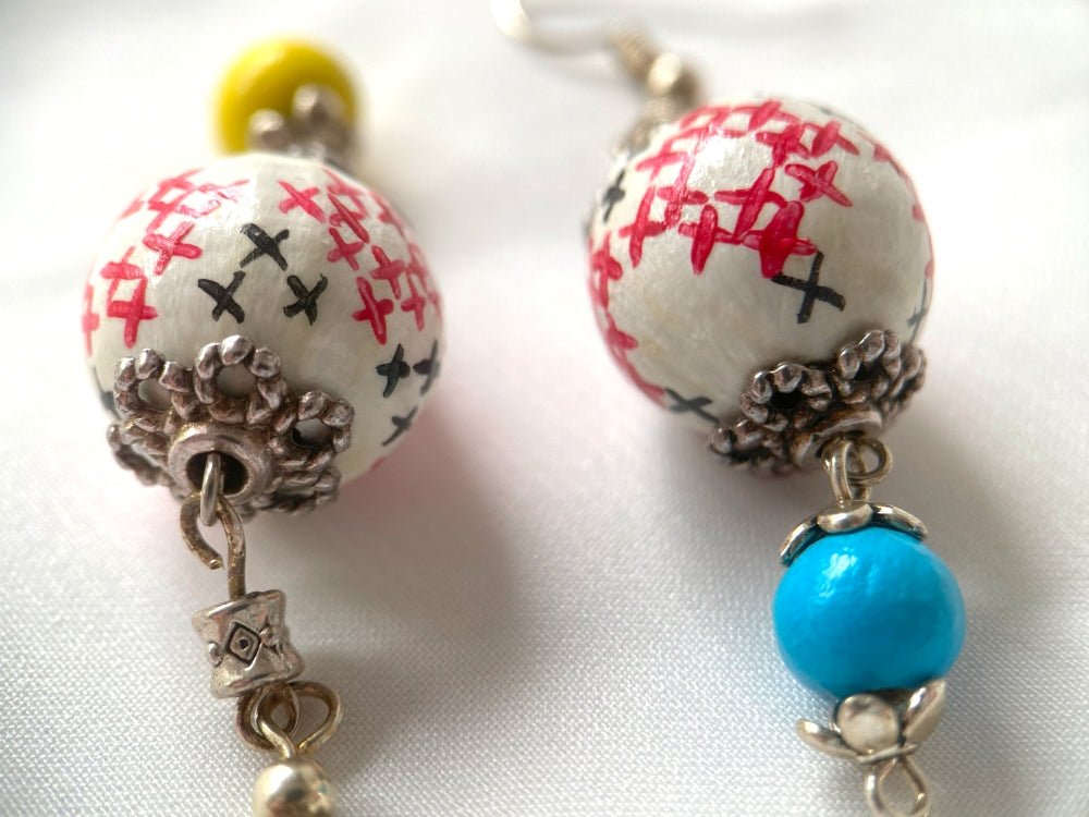 Delicate earrings from hand painted wooden beads "Embroidery" crafted in colors of Ukrainian flag- Ornamentico shop