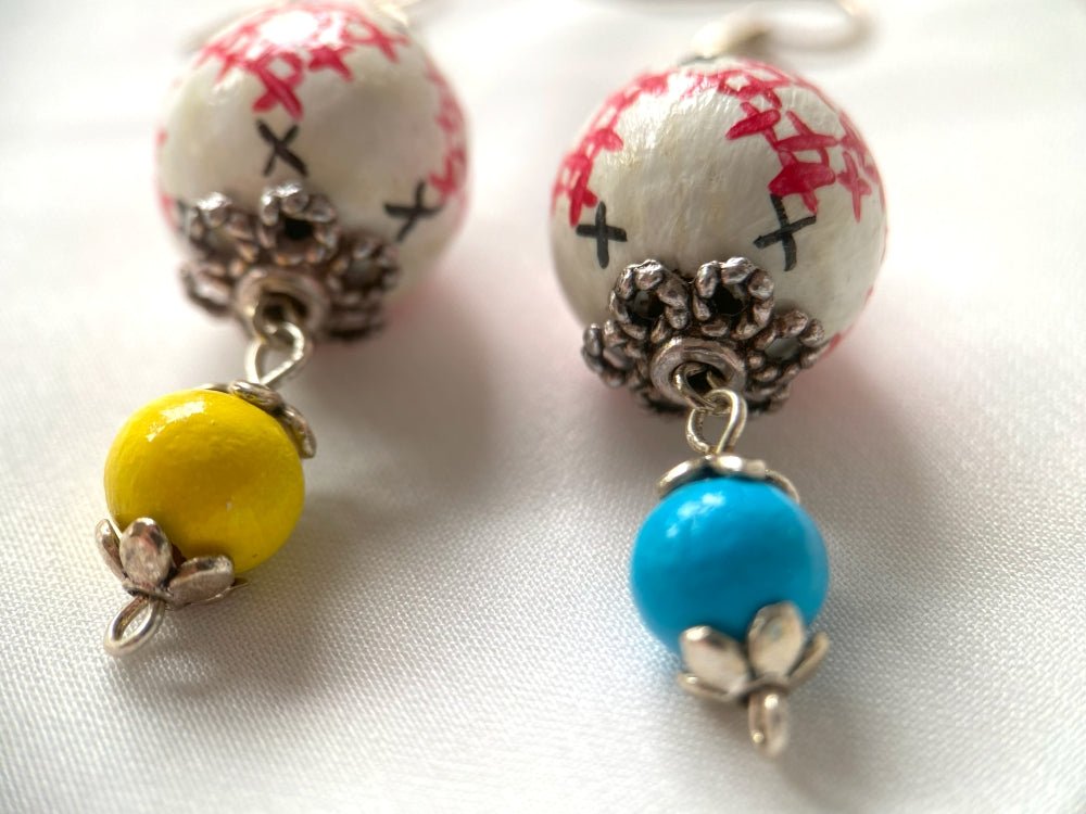 Delicate earrings from hand painted wooden beads "Embroidery" crafted in colors of Ukrainian flag- Ornamentico shop