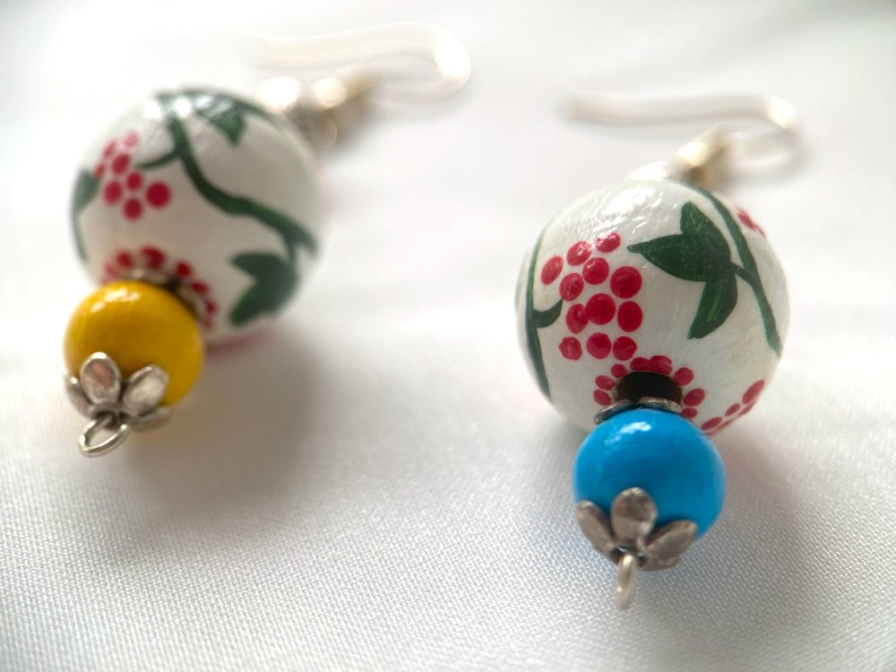 Boho style elegant earrings from hand painted wooden beads "Kalyna" crafted in colors of Ukrainian flag - Ornamentico shop