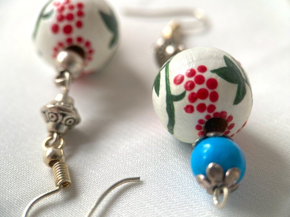 Boho style elegant earrings from hand painted wooden beads "Kalyna" crafted in colors of Ukrainian flag - Ornamentico shop