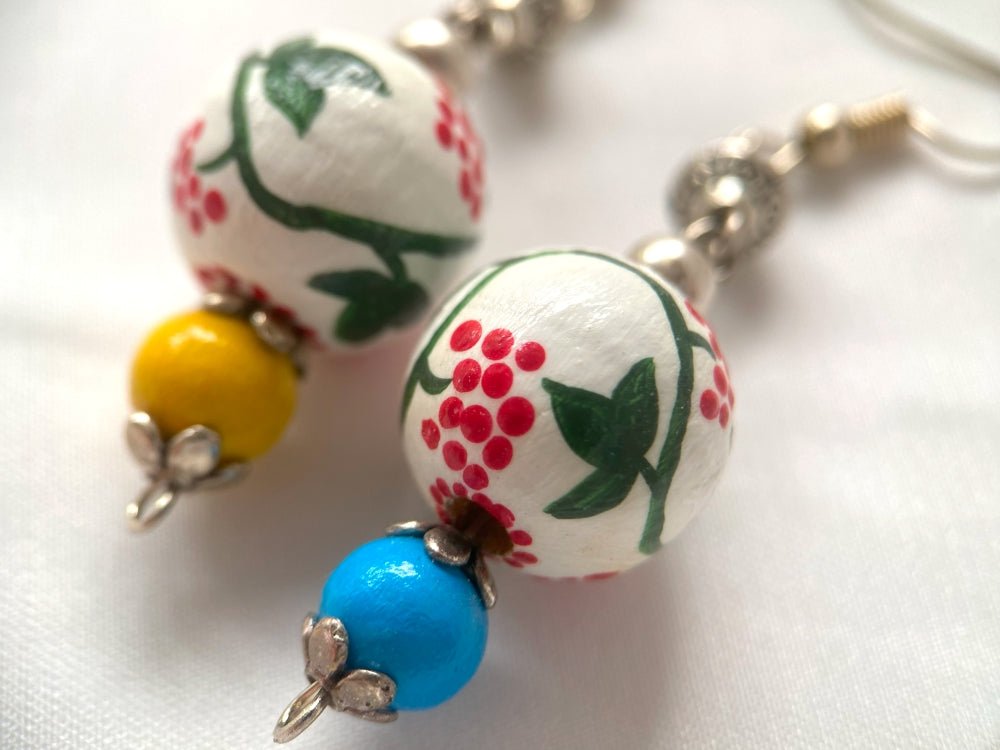 Boho style elegant earrings from hand painted wooden beads "Kalyna" crafted in colors of Ukrainian flag - Ornamentico shop