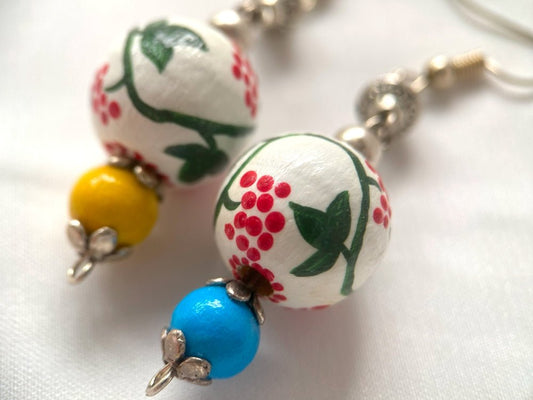 Boho style elegant earrings from hand painted wooden beads "Kalyna" crafted in colors of Ukrainian flag - Ornamentico shop