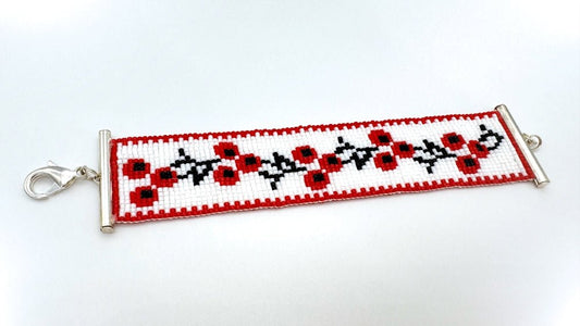 Handmade woven soft bracelet from Miyuki beads inspired by traditional Ukrainian cross-stitch ornaments