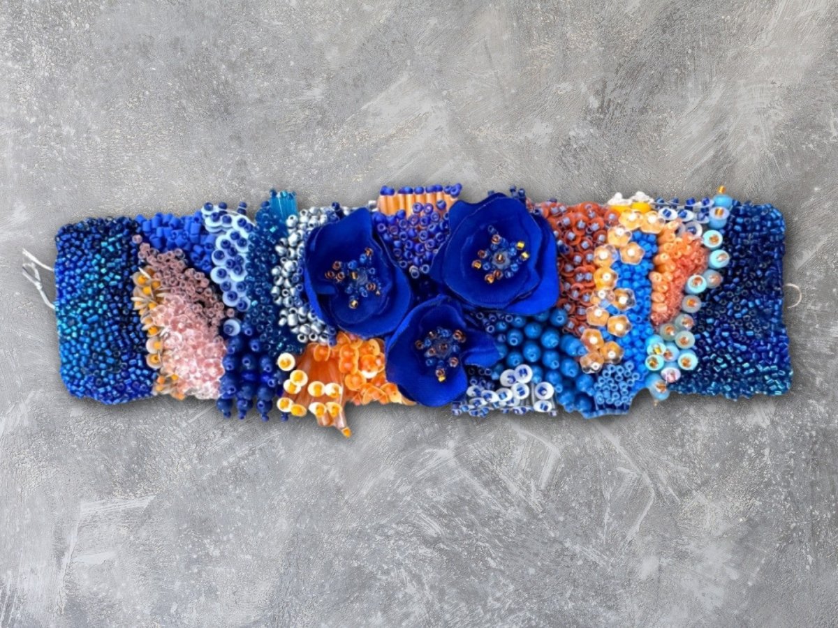 Exclusive statement volume-beaded bracelet in deep blue, orange and matte silver hues crafted from beads, sequins, textile and natural stones - Ornamentico shop