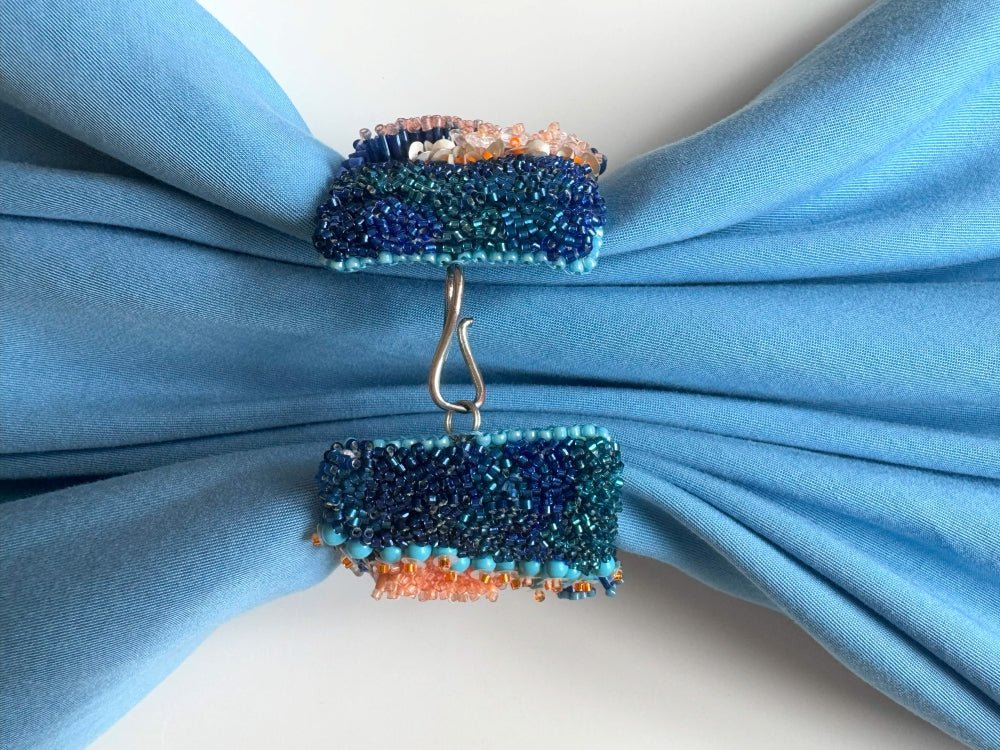 Exclusive statement volume-beaded bracelet in deep blue, orange and matte silver hues crafted from beads, sequins, textile and natural stones - Ornamentico shop
