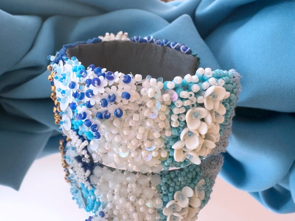 Exclusive handmade bracelet crafted from beads, sequins and rhinestones in a variety of blue and white hues using volume-beading technique - Ornamentico shop