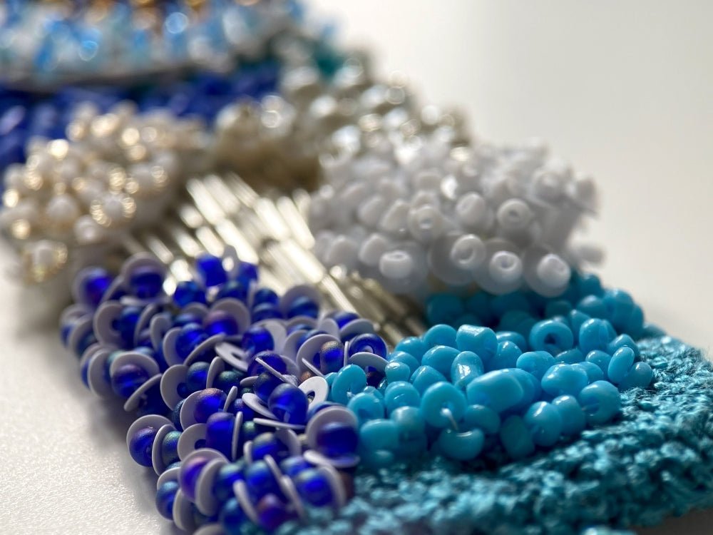 Exclusive handmade bracelet crafted from beads, sequins and rhinestones in a variety of blue and white hues using volume-beading technique - Ornamentico shop