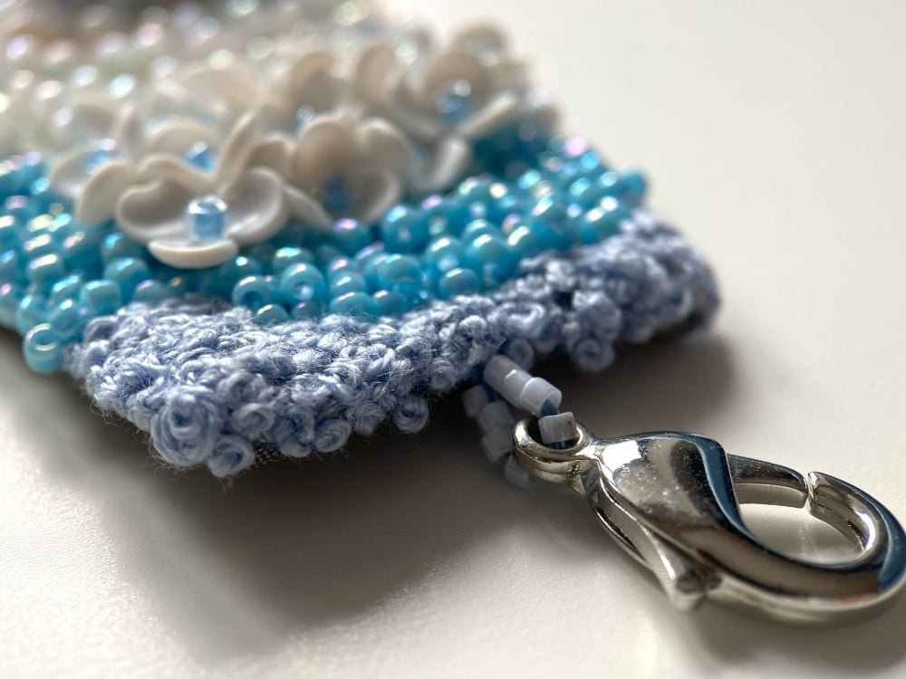 Exclusive handmade bracelet crafted from beads, sequins and rhinestones in a variety of blue and white hues using volume-beading technique - Ornamentico shop