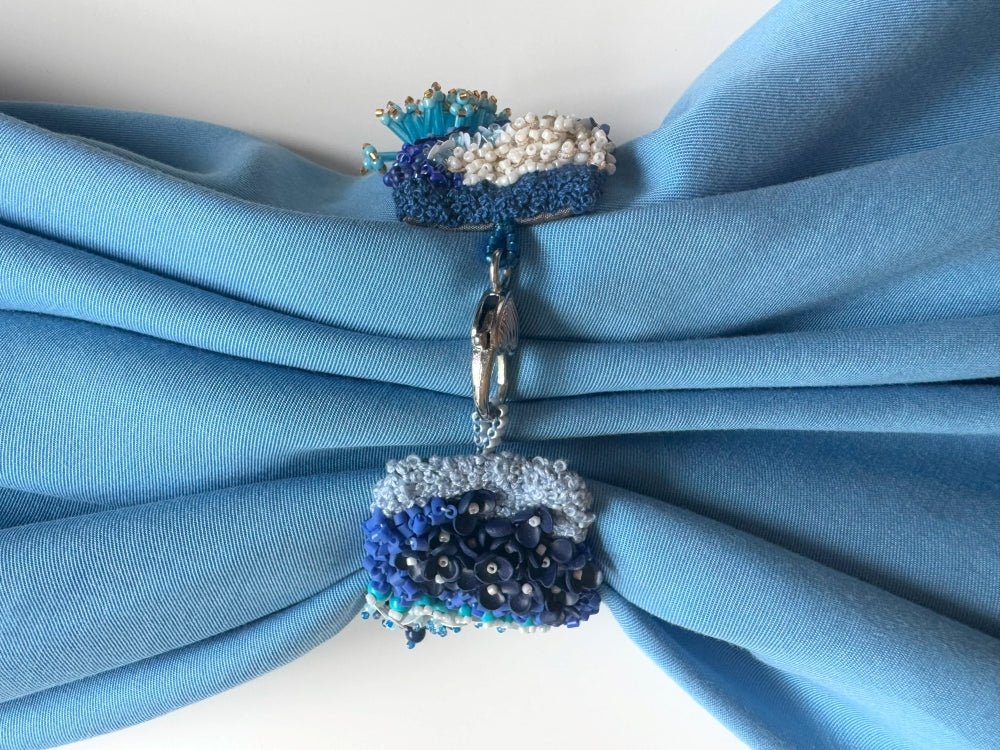 Exclusive handmade bracelet crafted from beads, sequins and rhinestones in a variety of blue and white hues using volume-beading technique - Ornamentico shop