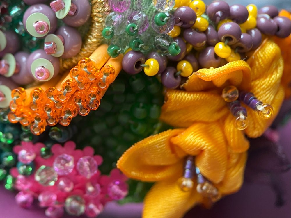 Exclusive bracelet in bright tropical colors created from beads, sequins and textile in volume beading and embroidery techniques  - Ornamentico shop