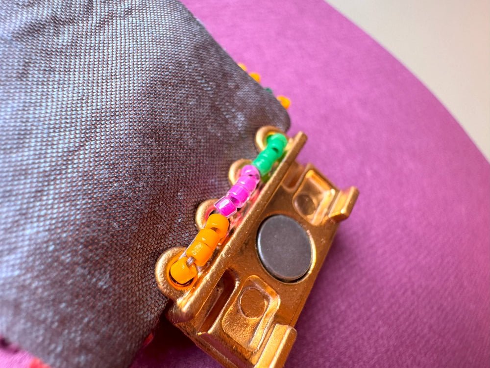 Exclusive bracelet in bright tropical colors created from beads, sequins and textile in volume beading and embroidery techniques  - Ornamentico shop