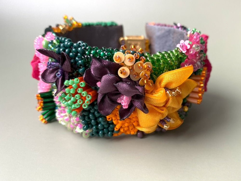 Exclusive bracelet in bright tropical colors created from beads, sequins and textile in volume beading and embroidery techniques  - Ornamentico shop