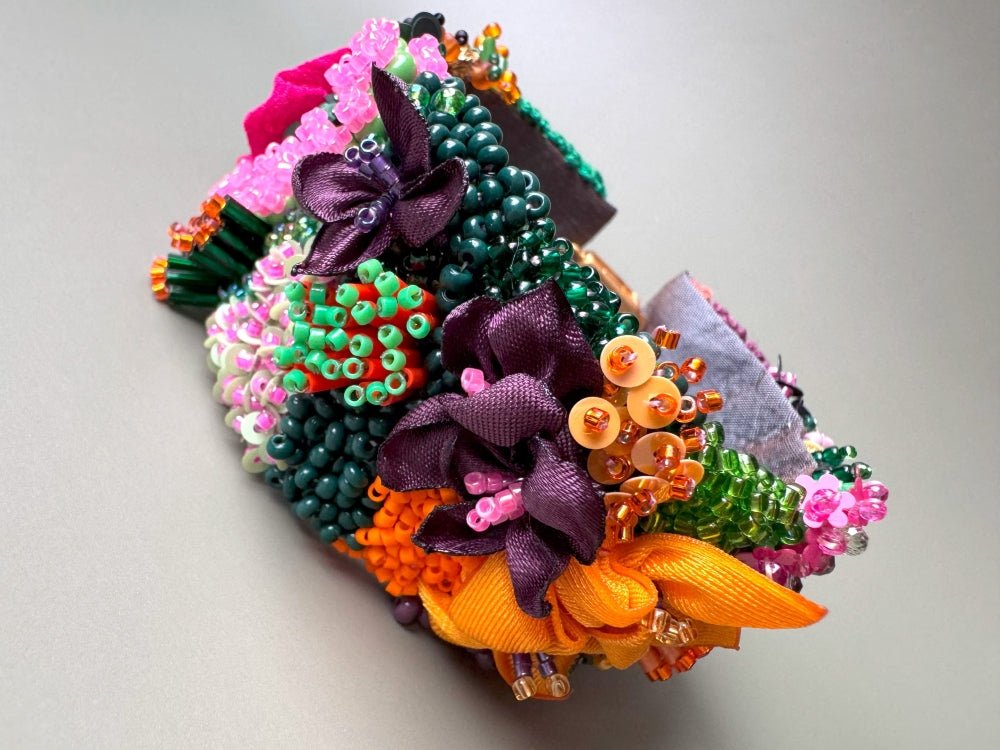 Exclusive bracelet in bright tropical colors created from beads, sequins and textile in volume beading and embroidery techniques  - Ornamentico shop