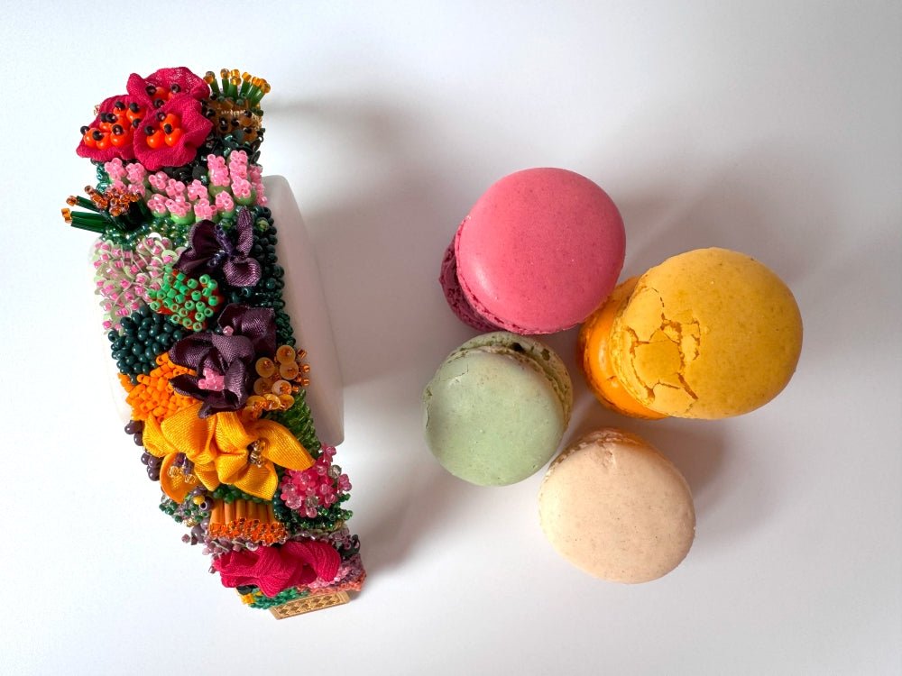 Exclusive bracelet in bright tropical colors created from beads, sequins and textile in volume beading and embroidery techniques  - Ornamentico shop