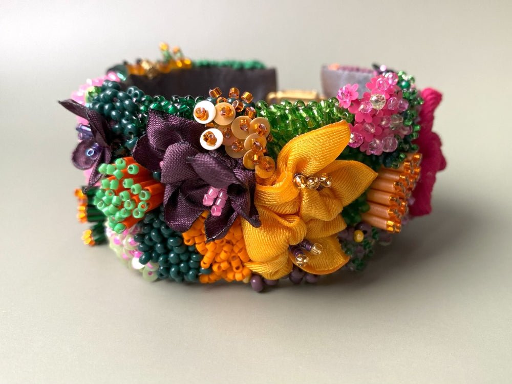 Exclusive bracelet in bright tropical colors created from beads, sequins and textile in volume beading and embroidery techniques  - Ornamentico shop