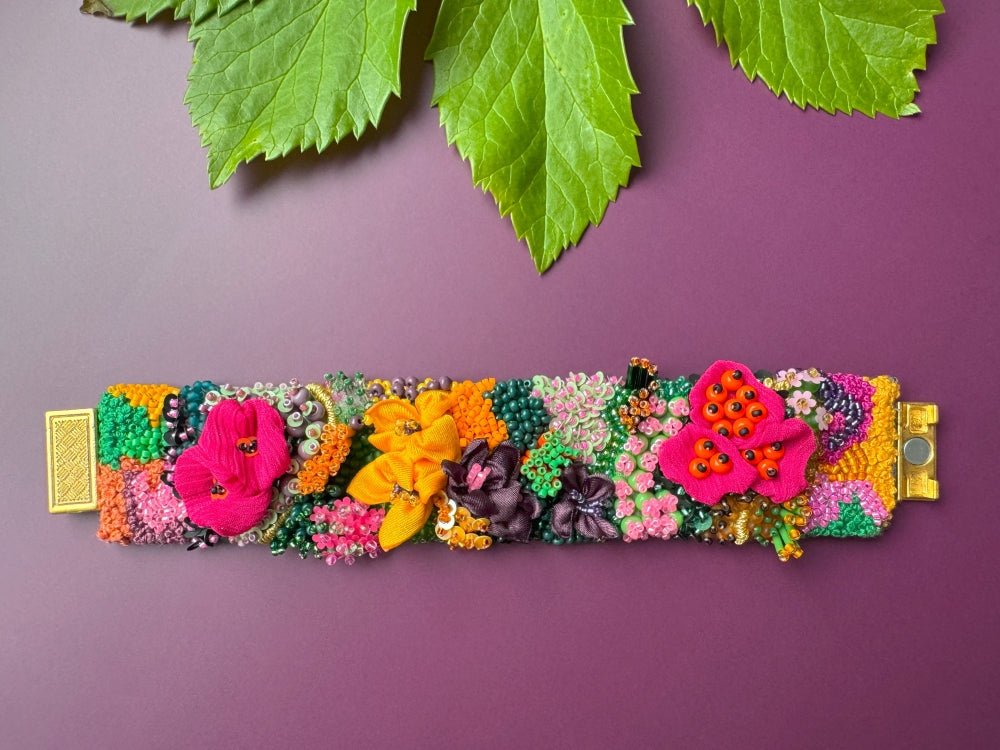 Exclusive bracelet in bright tropical colors created from beads, sequins and textile in volume beading and embroidery techniques  - Ornamentico shop
