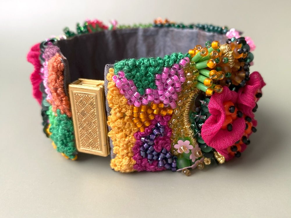 Exclusive bracelet in bright tropical colors created from beads, sequins and textile in volume beading and embroidery techniques  - Ornamentico shop