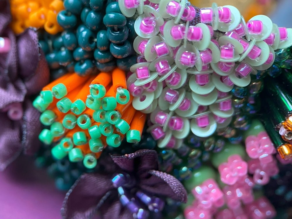 Exclusive bracelet in bright tropical colors created from beads, sequins and textile in volume beading and embroidery techniques  - Ornamentico shop