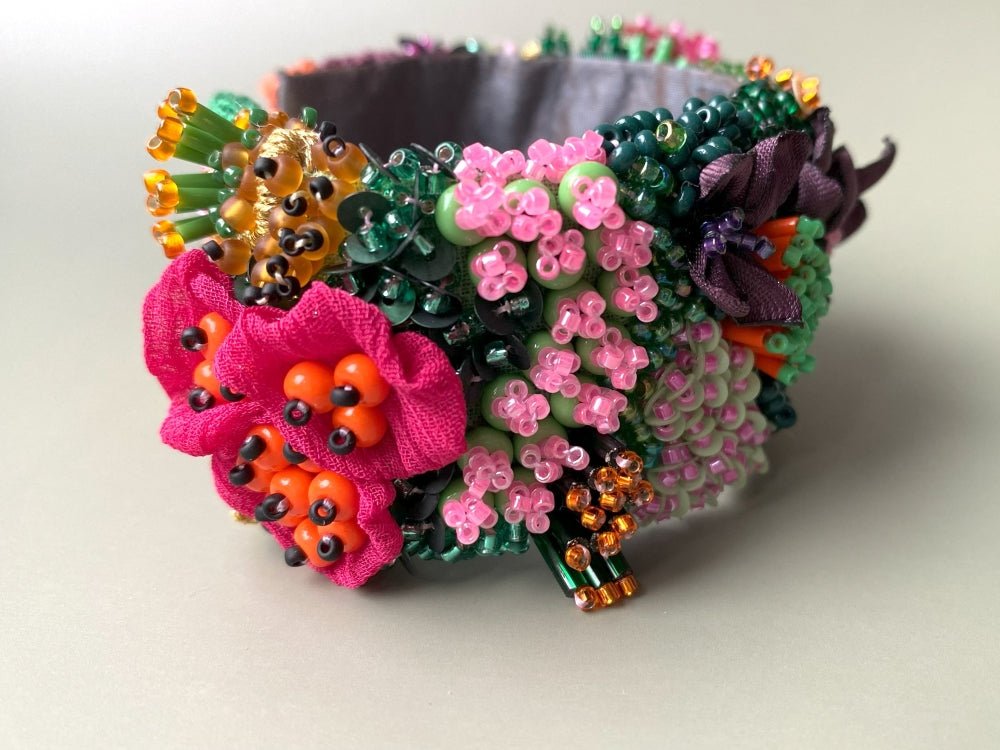 Exclusive bracelet in bright tropical colors created from beads, sequins and textile in volume beading and embroidery techniques  - Ornamentico shop