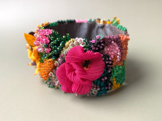 Exclusive bracelet in bright tropical colors created from beads, sequins and textile in volume beading and embroidery techniques  - Ornamentico shop