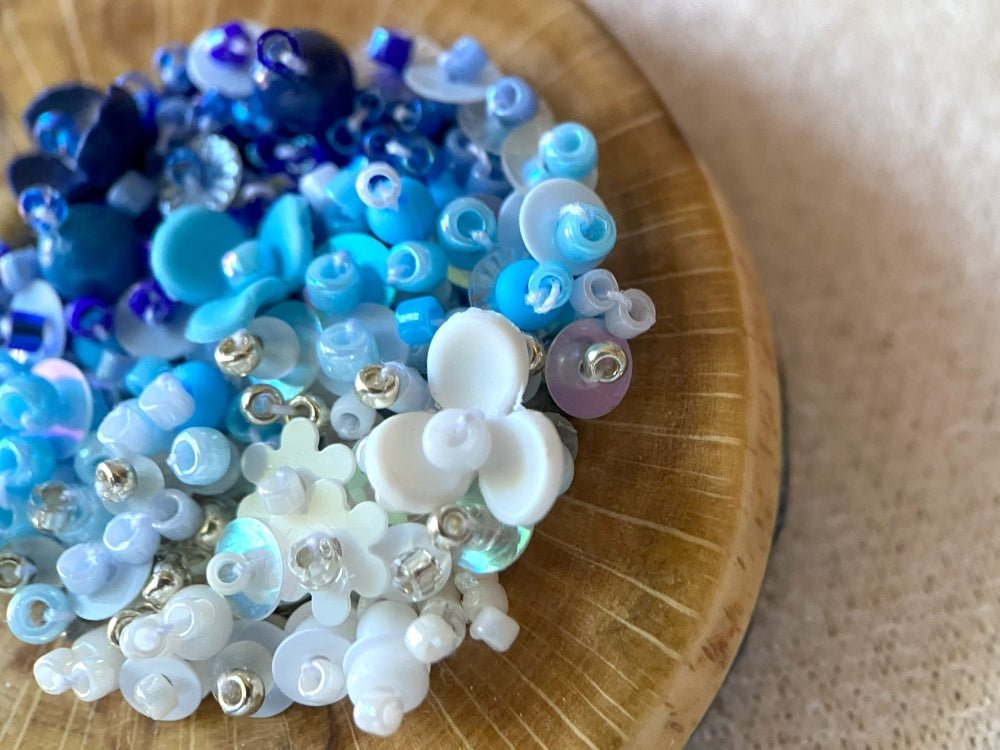 Exclusive wooden pendant with volume-beaded center crafted in elegant gradient white-to-blue colors - Ornamentico shop