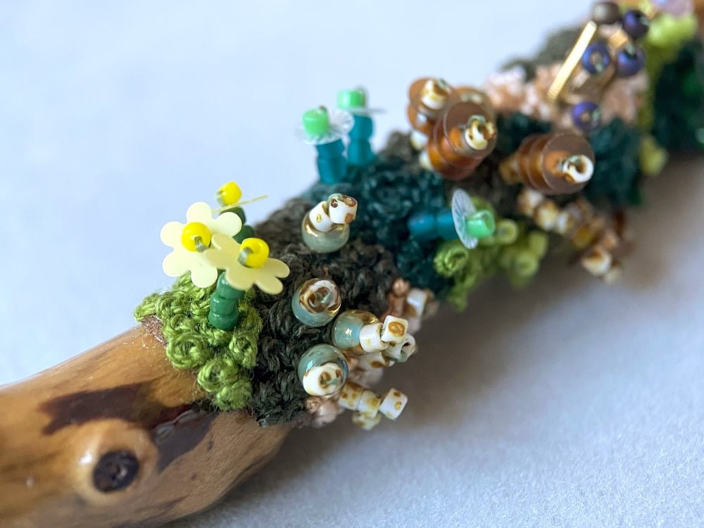 Exclusive wooden pendant decorated by the embroidered and volume-beaded element imitating moss - Ornamentico shop