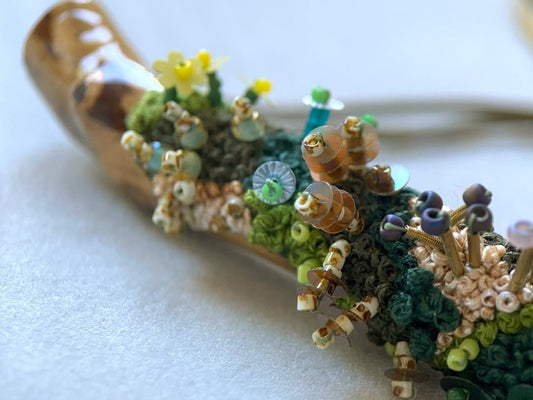 Exclusive wooden pendant decorated by the embroidered and volume-beaded element imitating moss - Ornamentico shop