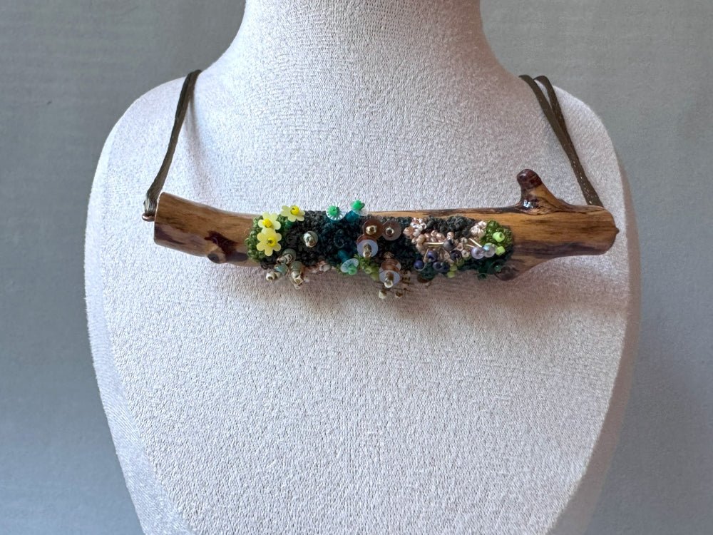 Exclusive wooden pendant decorated by the embroidered and volume-beaded element imitating moss - Ornamentico shop