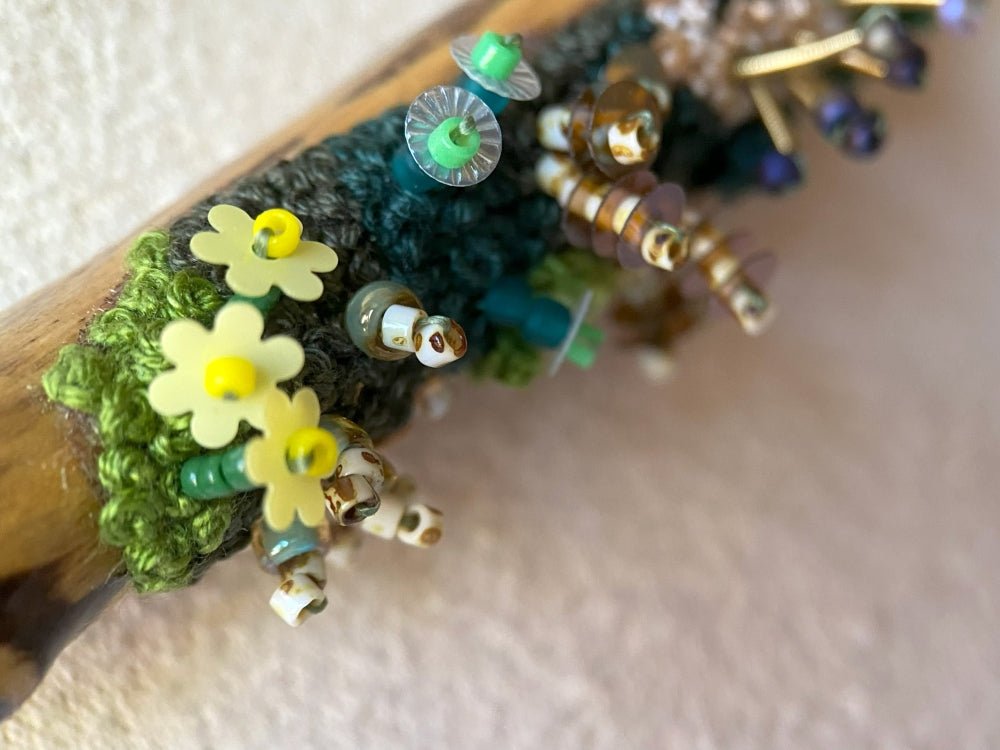 Exclusive wooden pendant decorated by the embroidered and volume-beaded element imitating moss - Ornamentico shop