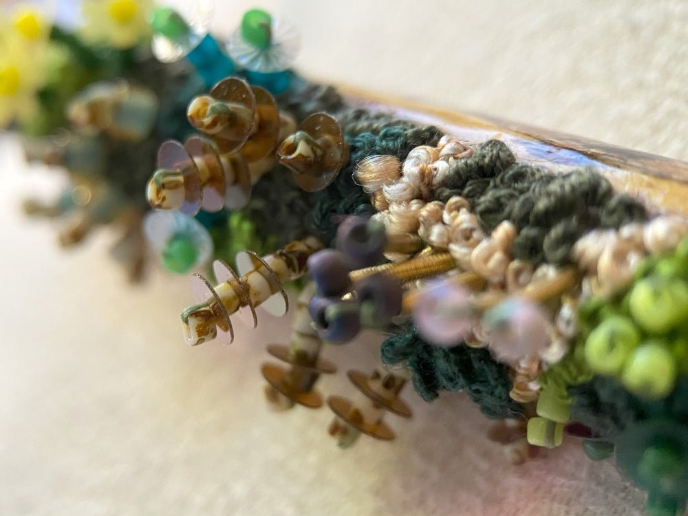 Exclusive wooden pendant decorated by the embroidered and volume-beaded element imitating moss - Ornamentico shop