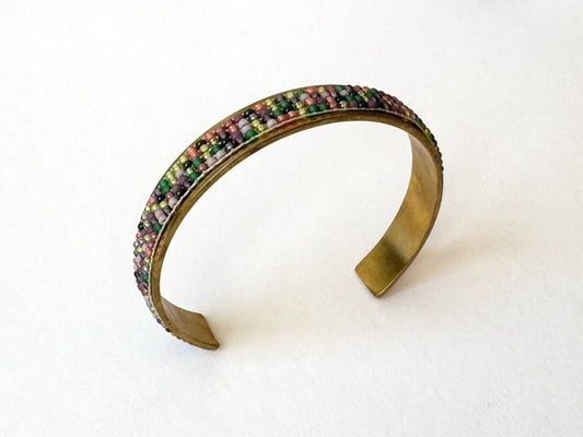 Handmade Indian Corn cuff bracelet with a loom-woven Toho bead inlay inspired by colorful Glass Gem corn on an adjustable brass base - Ornamentico shop