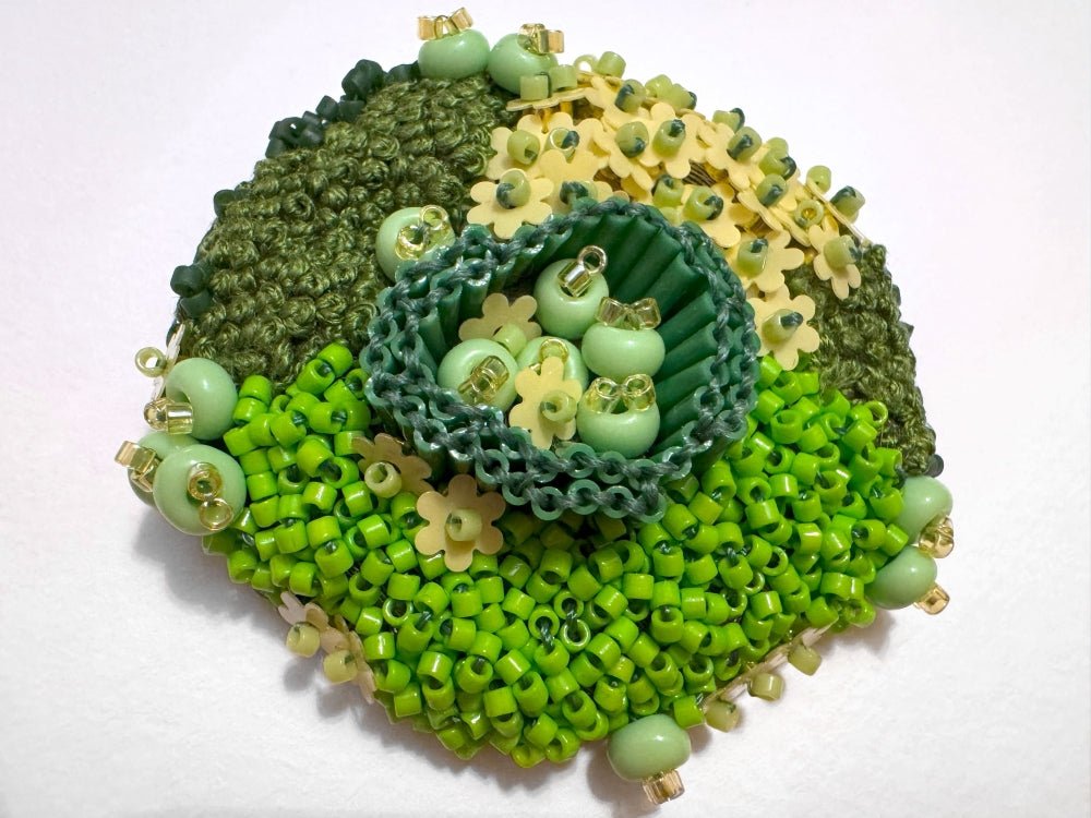 Handmade brooch inspired by natural forms created in sculptural beading style from green and yellow beads, sequins and embroidery - Ornamentico shop