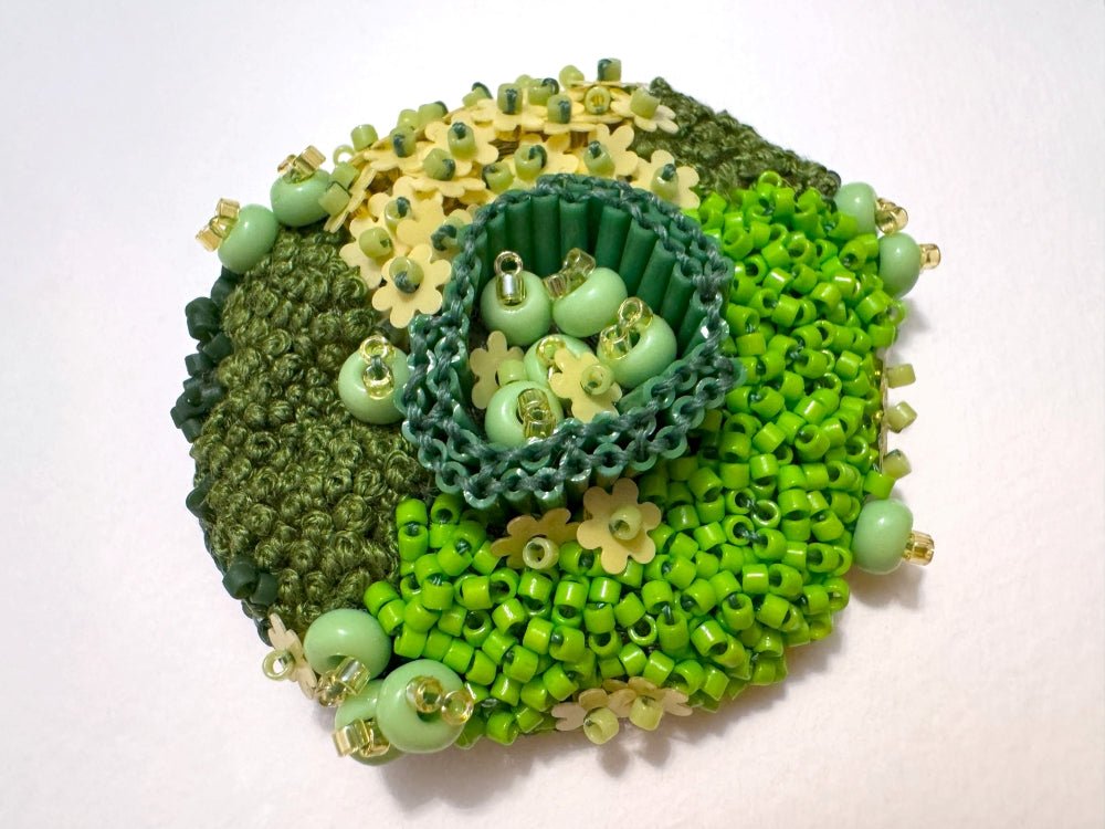 Handmade brooch inspired by natural forms created in sculptural beading style from green and yellow beads, sequins and embroidery - Ornamentico shop