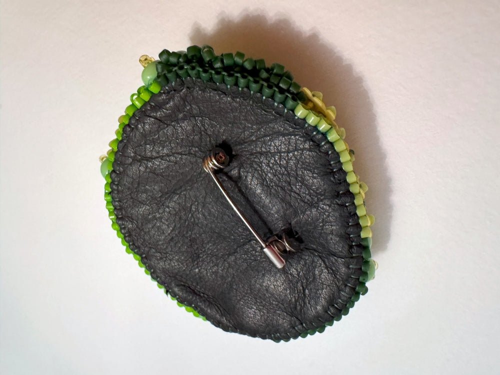 Handmade brooch inspired by natural forms created in sculptural beading style from green and yellow beads, sequins and embroidery - Ornamentico shop