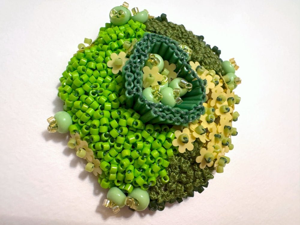 Handmade brooch inspired by natural forms created in sculptural beading style from green and yellow beads, sequins and embroidery - Ornamentico shop