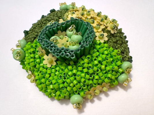 Handmade brooch inspired by natural forms created in sculptural beading style from green and yellow beads, sequins and embroidery - Ornamentico shop