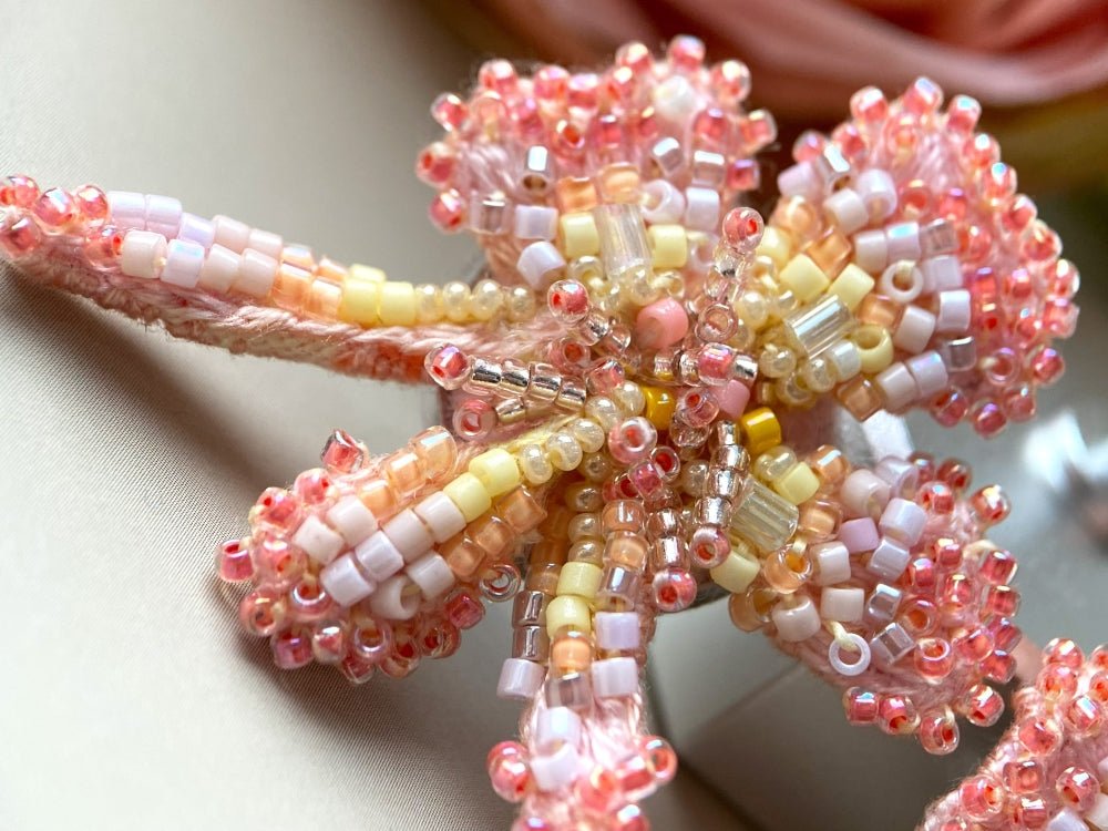 Exclusive handmade sculpturally beaded orchid clip-on earrings in coral tones - Ornamentico shop