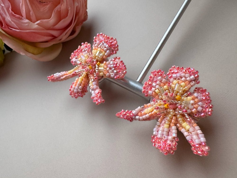 Exclusive handmade sculpturally beaded orchid clip-on earrings in coral tones - Ornamentico shop
