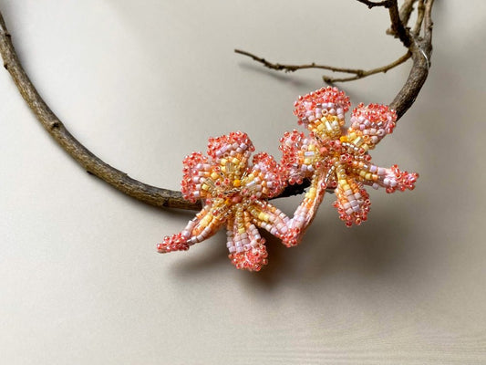 Exclusive handmade sculpturally beaded orchid clip-on earrings in coral tones - Ornamentico shop