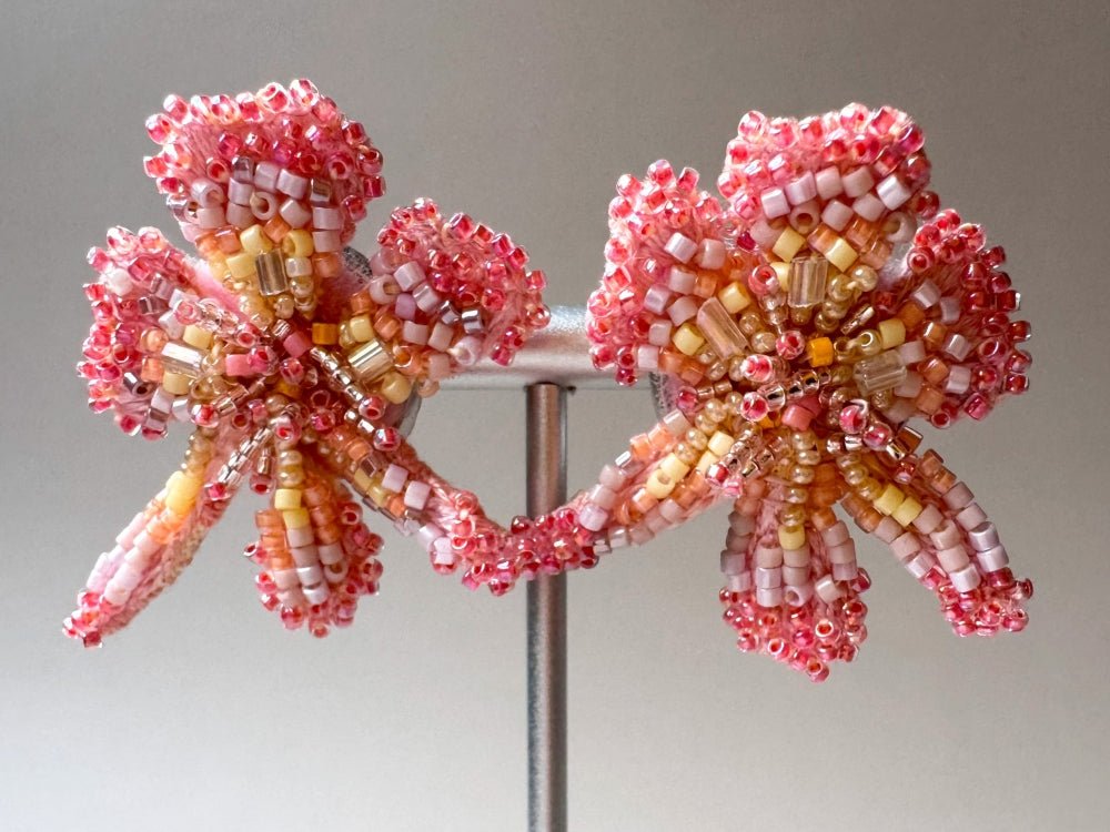 Exclusive handmade sculpturally beaded orchid clip-on earrings in coral tones - Ornamentico shop